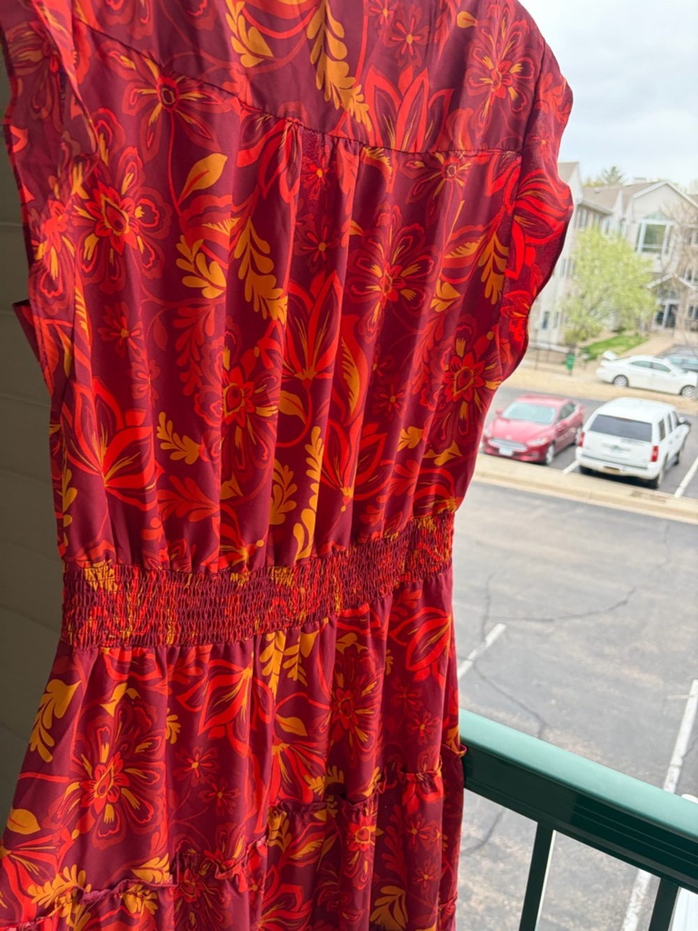🆕🍎 Vince Camuto Boho Floral Maxi Dress Red Orange Tiered Size L Summer Flowy - Picture 11 of 16